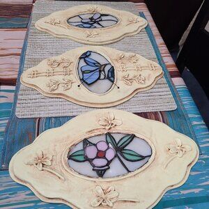 Set of 3 Stained Glass Three-Dimensional Wall Plaques Flower Butterfly Dragonfly